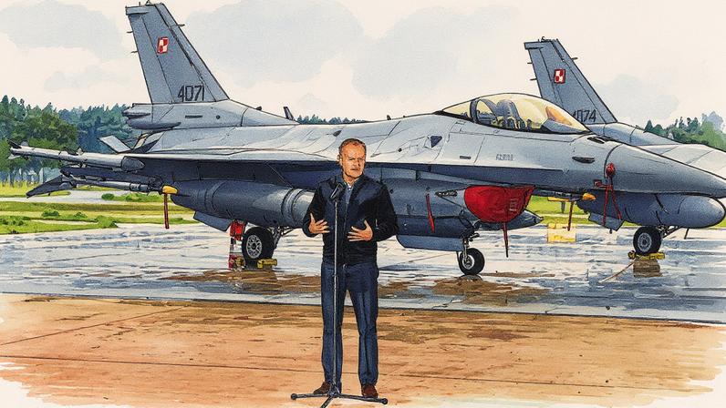 Primeiro-ministro polonês realiza coletiva de imprensa sobre drones russos em frente a caças F-16 na 32ª Base Aérea Tática em Lask, Polônia (Foto: Reprodução)