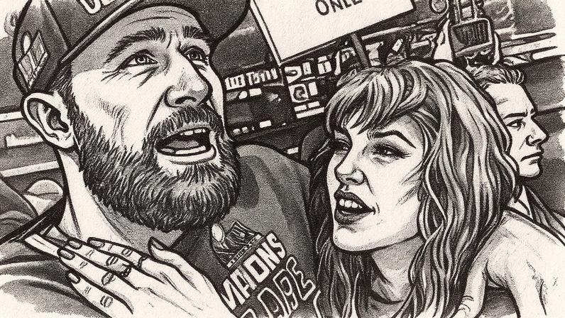 Travis Kelce, jogador do Kansas City Chiefs, ao lado de sua noiva, a cantora Taylor Swift, em um jogo (Foto: Reprodução)