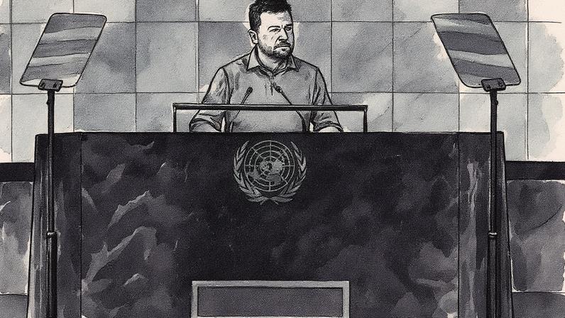 Zelenski, na ONU, afirma que paz global e segurança dependem de poder militar e aliados. Alerta sobre IA em armamentos, defende regras e anuncia exportação. Foto: Divulgação