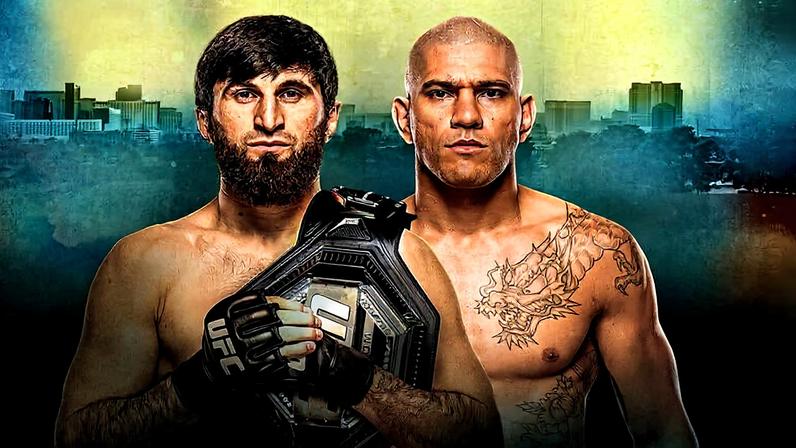 UFC 320 promotional graphic featuring Magomed Ankalaev holding the championship belt alongside Alex Pereira, with a city skyline and gradient background
