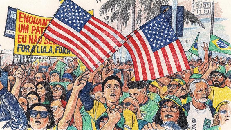 Bandeiras dos Estados Unidos são exibidas durante um ato bolsonarista (Foto: Reprodução)