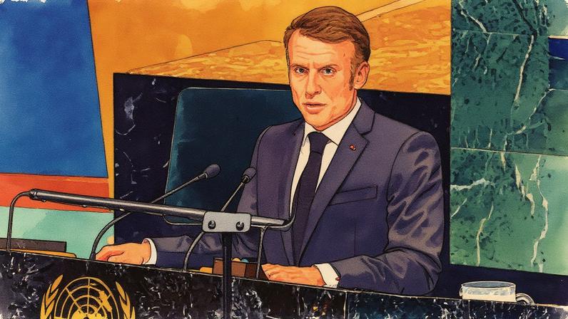 Presidente da França, Emmanuel Macron, em conferência às vésperas da Assembleia Geral da ONU (Foto: Reprodução)