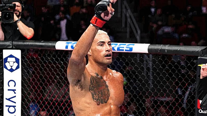 Carlos Ulberg of New Zealand reacts after defeating Fabio Cherant in their light heavyweight fight during the UFC 271 event at Toyota Center
