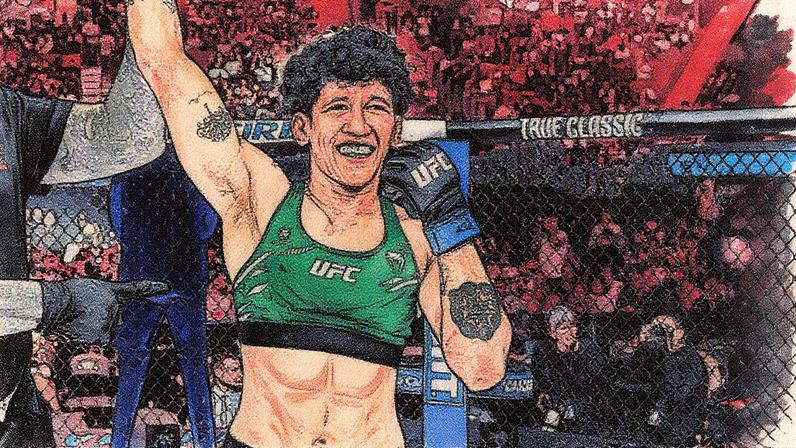 Virna Jandiroba comemora após a vitória sobre Yan Xiaonan no UFC 314, em abril de 2025. (Jeff Bottari/Zuffa LLC)