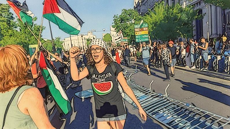 Protesto contra as atrocidades de Israel em Gaza durante a Vuelta Ciclista em Madrid (Foto: Reprodução)