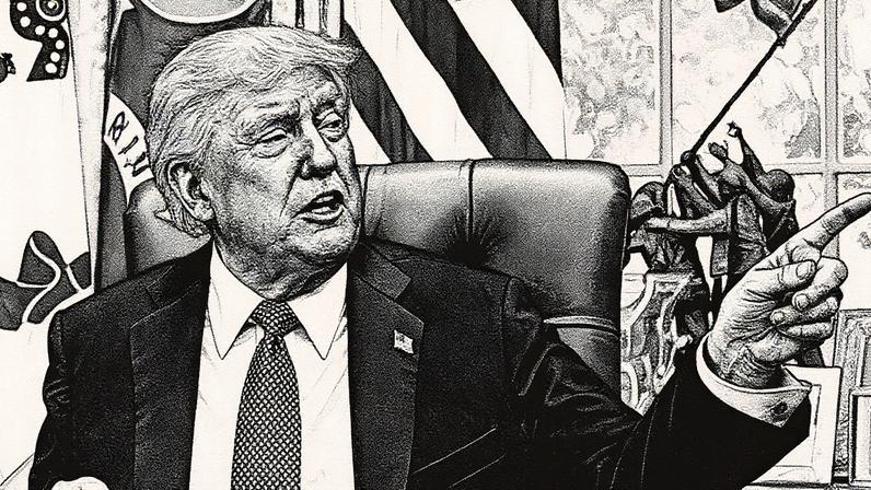 Presidente Donald Trump aponta para um afiche da cumbre do G20 Miami 2026 durante discurso na Sala Oval da Casa Branca (Foto: Reprodução)