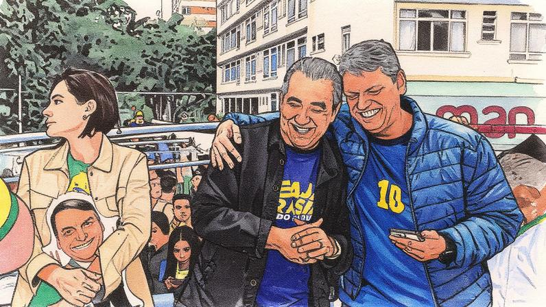 Tarcísio abraça Silas Malafia em um palanque com Michelle Bolsonaro ao fundo na Avenida Paulista (Foto: Reprodução)