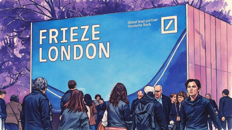 Visitantes da feira caminham em frente a um painel da edição de 2024 da Frieze London (Foto: Reprodução)