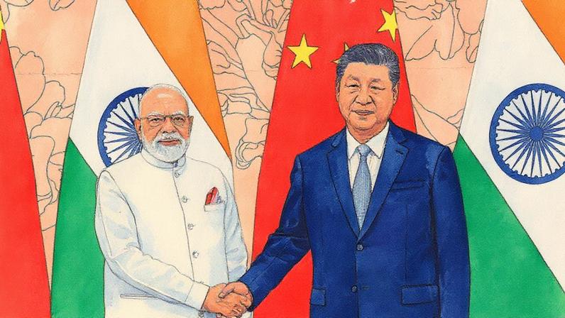 Primeiro-ministro da Índia, Narendra Modi, e presidente da China, Xi Jinping, apertam as mãos durante reunião bilateral em Tianjin (Foto: Reprodução)