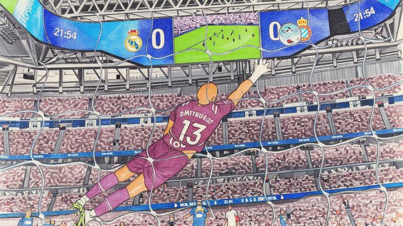 Goleiro Marko Dmitrovic não consegue defender o chute de Militão, que marca o primeiro gol do Real Madrid (Foto: Reprodução)