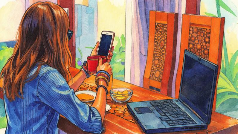 Mulher usando celular e laptop dentro de casa enquanto bebe café (Foto: Reprodução)