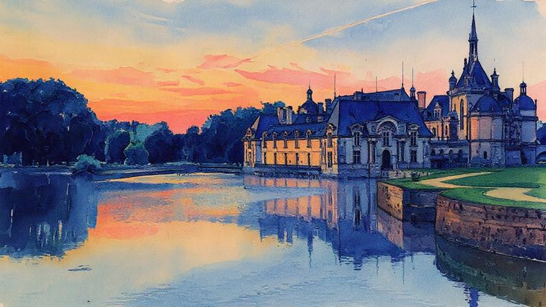 Castelo de Chantilly ao atardecer, um 'château' histórico na França, onde está guardado o manuscrito de 'As muito ricas horas do Duque de Berry' (Foto: Reprodução)