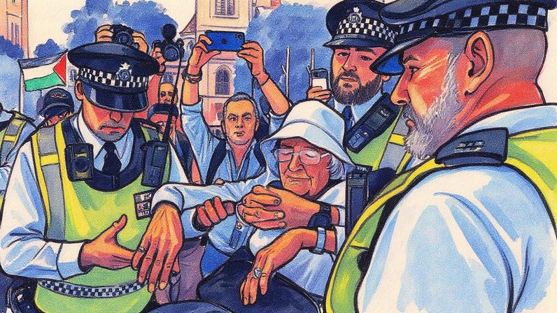 Mulher de 89 anos é detida pela polícia em Londres por apoiar a ação Palestina (Foto: Reprodução)