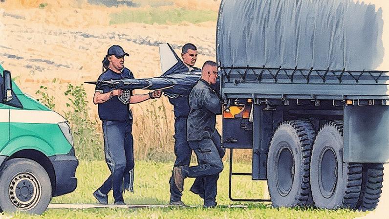Efectivos das Forças Nacionais de Defesa Territorial da Polônia atuam no local onde um dron russo caiu na localidade de Wohyn (Foto: Reprodução)