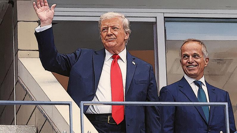 Presidente dos EUA, Donald Trump, e CEO da Rolex, Jean-Frederic Dufour, chegam à suíte da Rolex antes da final masculina entre Jannik Sinner e Carlos Alcaraz no US Open de 2025 (Foto: Reprodução)