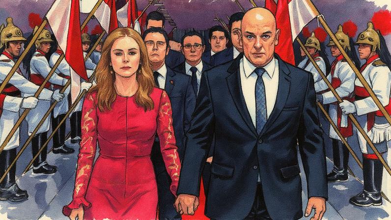 Solenidade de posse dos ministros Alexandre de Moraes e Enrique Ricardo Lewandowski como Presidente e Vice-Presidente do TSE, respectivamente, com Moraes ao lado da esposa Viviane Barci (Foto: Reprodução)