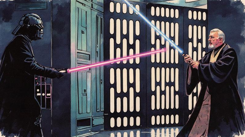 Darth Vader e Obi-Wan Kenobi lutam em uma batalha no primeiro filme da franquia 'Star Wars' (Foto: Reprodução)