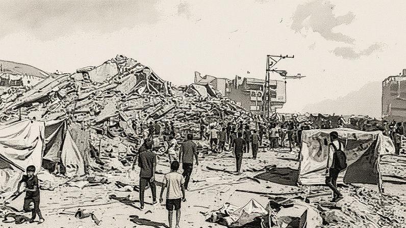 Palestinos caminham entre as ruínas de um edifício residencial bombardeado em Gaza (Foto: Reprodução)