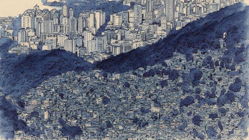 Vista aérea da Favela da Rocinha, a maior comunidade do Brasil, com o horizonte da cidade do Rio de Janeiro ao fundo (Foto: Reprodução)