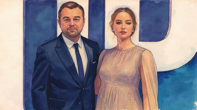 Leonardo DiCaprio e Jennifer Lawrence posam juntos durante a pré-estreia do filme 'Não olhe para cima' (Foto: Reprodução)