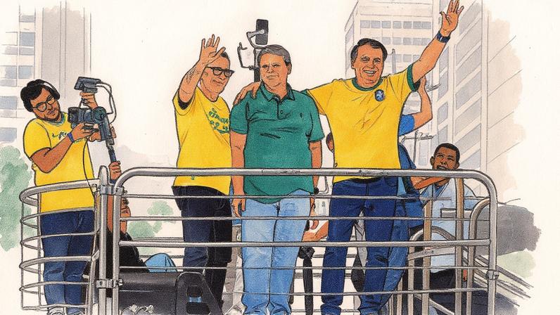 Governador Tarcísio de Freitas, entre Malafaia e Bolsonaro, durante manifestação no dia 7 de setembro (Foto: Reprodução)