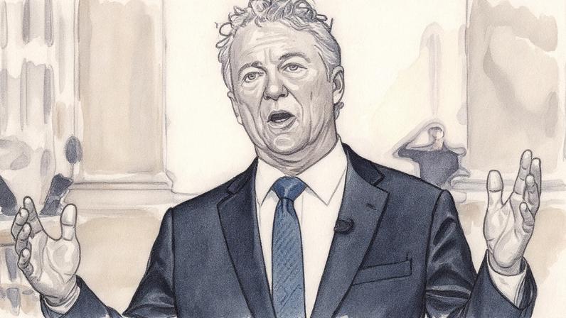 Senador Rand Paul, R-Ky., concede entrevista em frente a um microfone no edifício do Senado (Foto: Reprodução)