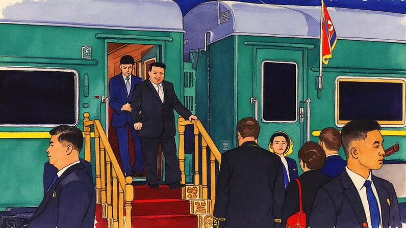 Kim Jong-un desce do 'Taeyangho' ao chegar em Kahsan, na fronteira entre Coreia do Norte e Rússia, em 12 de setembro de 2023 (Foto: Reprodução)