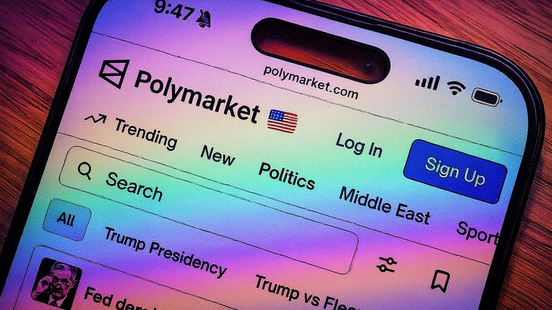 Imagem do site Polymarket exibido em um smartphone em Germantown, Nova York, EUA (Foto: Reprodução)