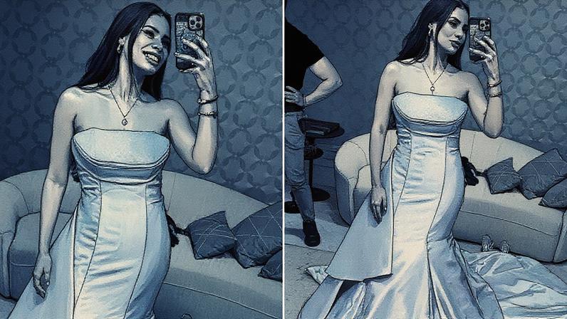 Lexa experimenta vestidos de noiva (Foto: Reprodução)