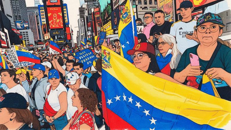 Venezolanos residentes nos Estados Unidos participam de uma protesto em Times Square, Nova York, em julho de 2024 (Foto: Reprodução)
