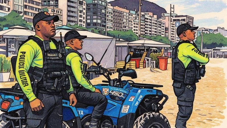 Policiais militares em quadriciclos circulam na faixa de areia (Foto: Reprodução)