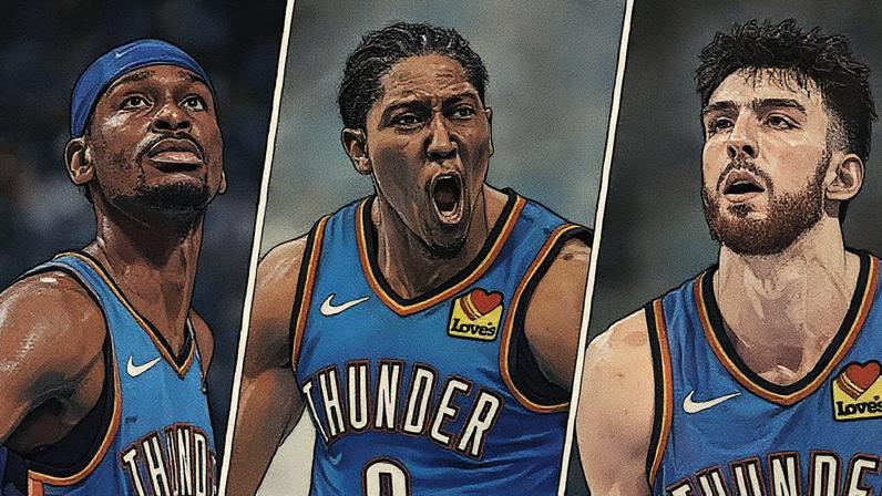 Jogadores Shai Gilgeous-Alexander, Jalen Williams e Chet Holmgren em destaque, somando quase 70 pontos de média na temporada 2024-25 (Foto: Reprodução)