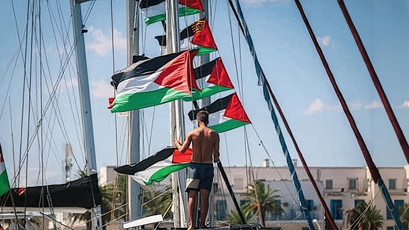 A Flotilla Global Sumud chega ao porto de Bizerte, Tunísia, em 12 de setembro de 2025 (Foto: Reprodução)