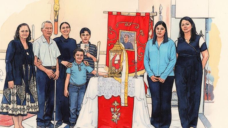 Matheus Viana, que foi curado por um milagre de Carlo Acutis, posa com a família na paróquia de São Sebastião em Campo Grande (MS) (Foto: Reprodução)