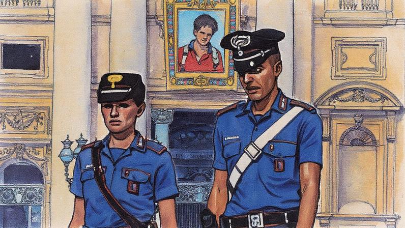 Tapeçaria com retrato do Beato Carlo Acutis pendurada na fachada da Basílica de São Pedro, no Vaticano, enquanto dois oficiais da Carabinieri patrulham na Praça de São Pedro (Foto: Reprodução)