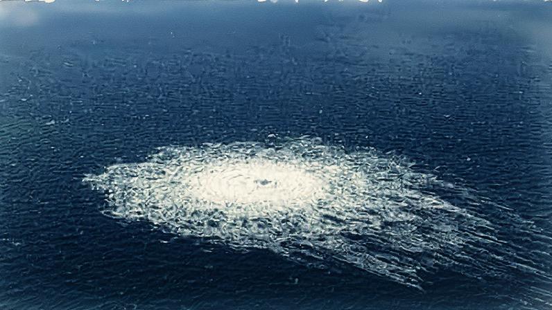 A photo released by the Danish Defence Command showing the gas leak at the Nord Stream 2 pipeline in September 2022. Photograph: Danish Defence/AFP/Getty Images