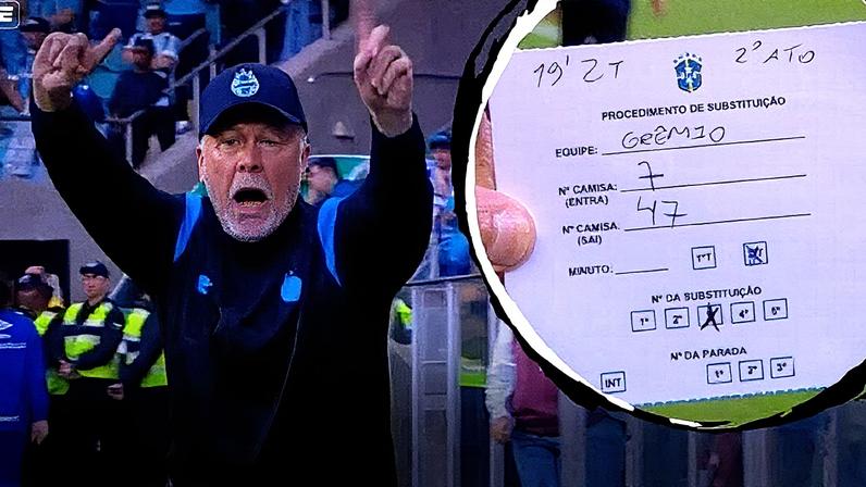 Mano Menezes demonstra descontentamento com uma substituição durante a partida entre Grêmio e Mirassol (Foto: Reprodução)