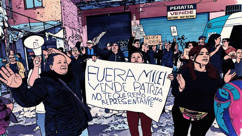 Manifestantes protestam contra o presidente argentino nas ruas antes da chegada de Milei a comício (Foto: Reprodução)