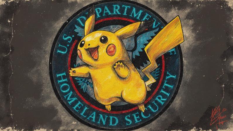 Pikachu in front of the DHS logo