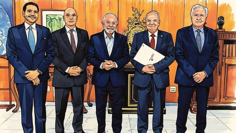Ministro Jorge Messas, Alexandre de Moraes, presidente Lula, ministro Edson Fachin e ministro Ricardo Lewandowski reunidos no Palácio do Planalto (Foto: Reprodução)