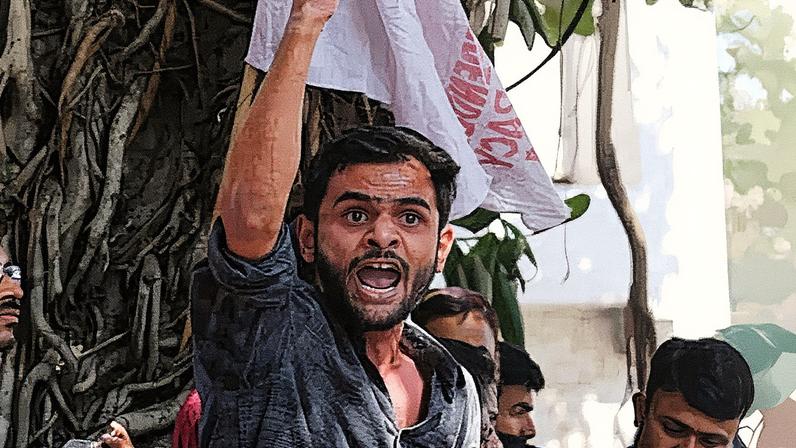 Umar Khalid addresses students during a protest in Delhi in February 2017. Photograph: Rajat Gupta/EPA