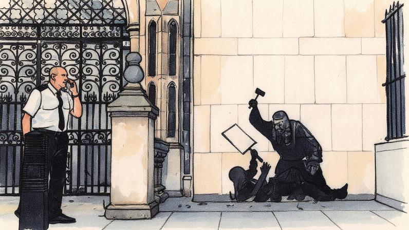 Obra de Banksy na sede de justiça de Londres retrata um juiz golpeando um manifestante que segura uma pancarta manchada de sangue (Foto: Reprodução)