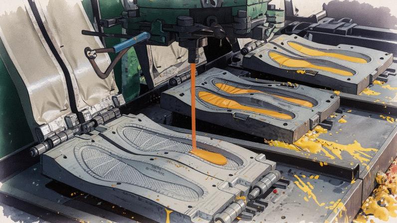 Trabalhadores despejam líquido quente e colorido em moldes de metal para formar palmilhas e bases plásticas em uma fábrica nos arredores de Ho Chi Minh (Foto: Reprodução)