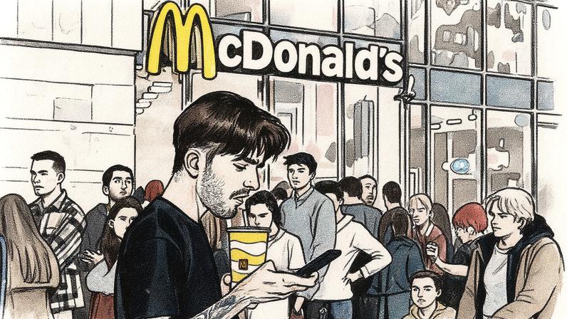 Homem bebe refrigerante próximo a um restaurante McDonald's reaberto em Kyiv (Foto: Reprodução)