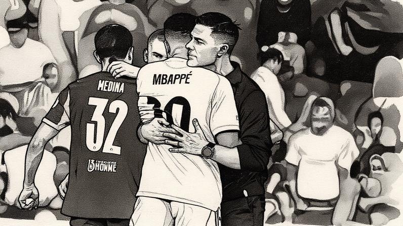 Xabi Alonso abraça Kylian Mbappé após a vitória do Real Madrid sobre o Olympique de Marselha na Liga de Campeões (Foto: Reprodução)
