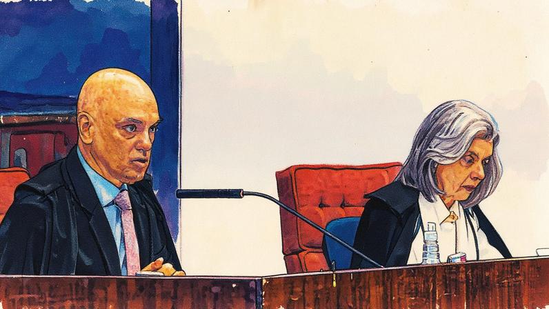 Ministro Alexandre de Moraes e Ministra Cármen Lúcia durante julgamento de Jair Bolsonaro e outros réus (Foto: Reprodução)
