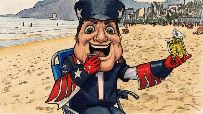 Mascote do Patriots, Pat Patriot, participa de atividade na Barra (Foto: Reprodução)