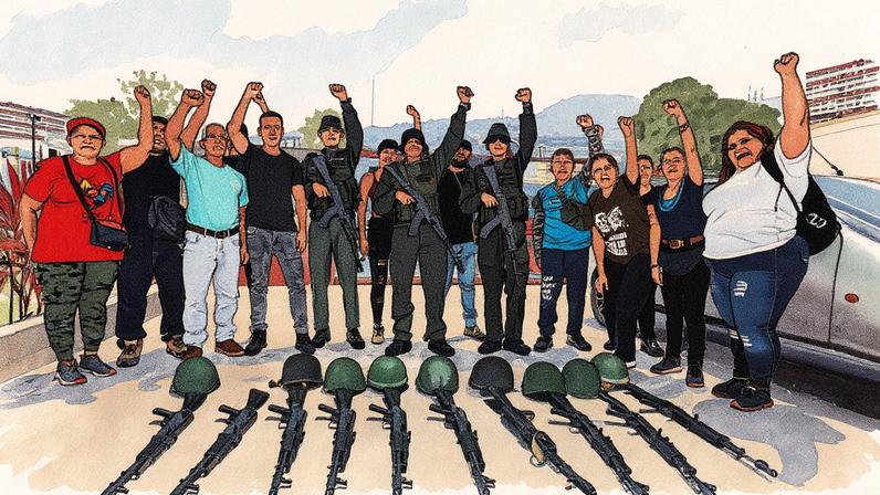 Membros dos Conselhos Comunitário e Civil participam de treinamento militar com rifles no Forte Tiuna, em Caracas (Foto: Reprodução)