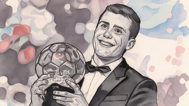 Rodri segura a Bola de Ouro em uma cerimônia (Foto: Reprodução)