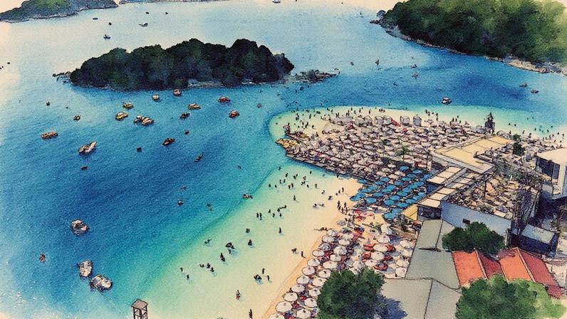 Praia de Ksamil, na Albânia, com águas claras e areia fina, popular entre turistas (Foto: Reprodução)